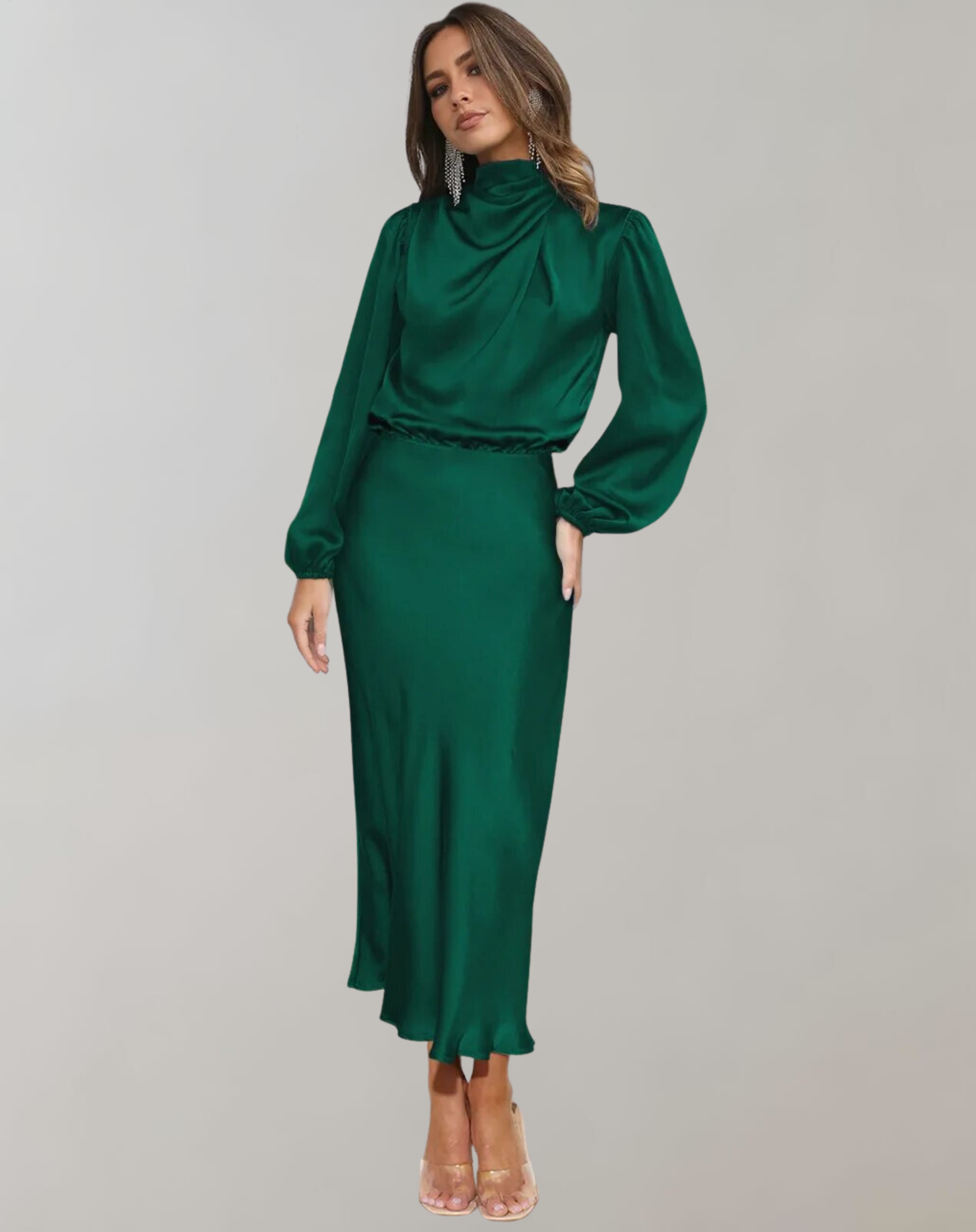 Satin Mock Neck Draped Bishop Sleeve Elastic Waist Midi Dress