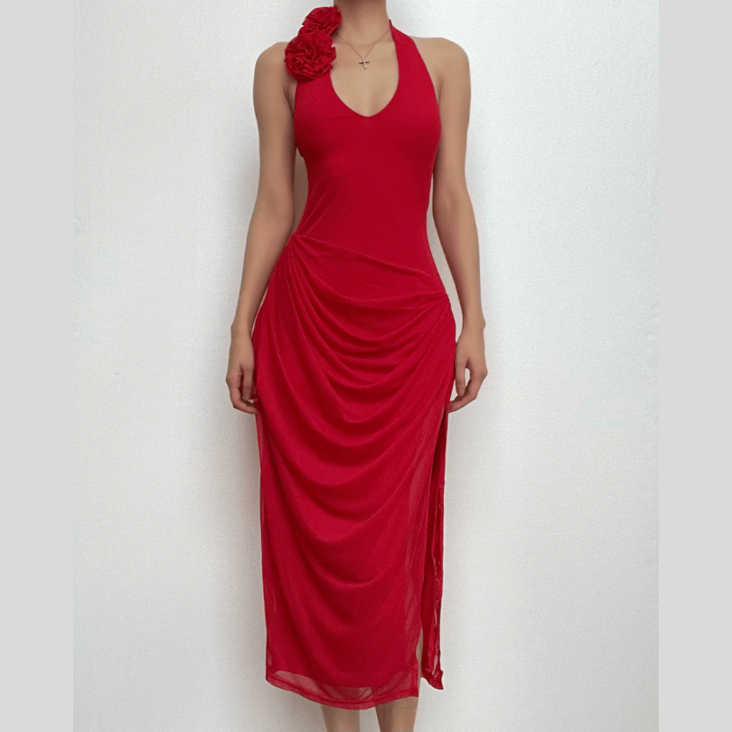 Halter Deep V-Neck Rosette Ruched High Split Midi Dress