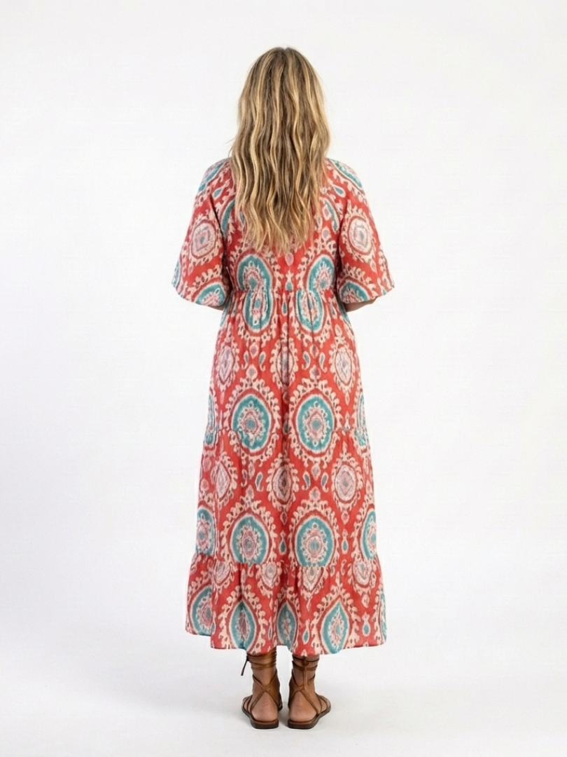 Medallion Print V-Neck Short Sleeve Tiered Maxi Dress