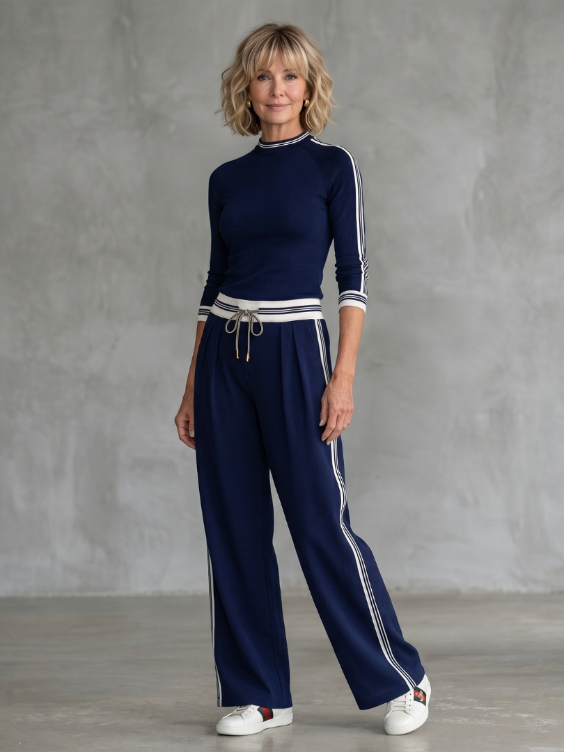 Mock Neck Long Sleeve Top and Side Stripe Wide Leg Pants Two Piece Set