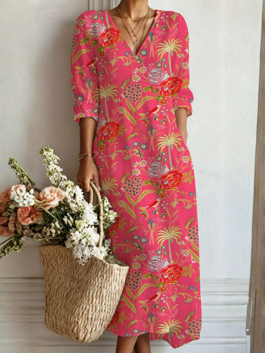 Tropical Floral Print V-Neck Long Sleeve Midi Dress