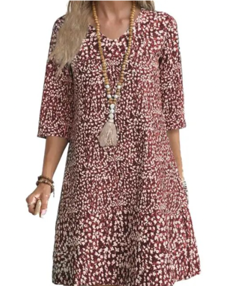 Abstract Print V-Neck Three Quarter Sleeve Tiered Shift Mini Dress