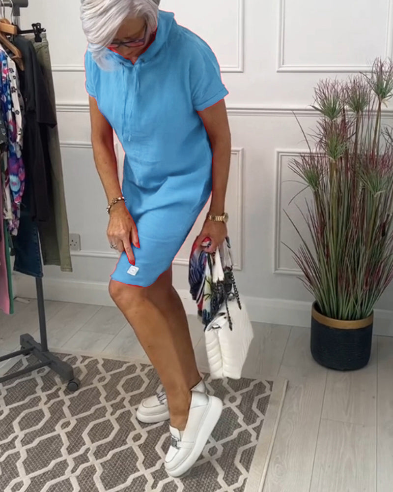 Hooded Drawstring Short Sleeve Knee Length Shift Dress