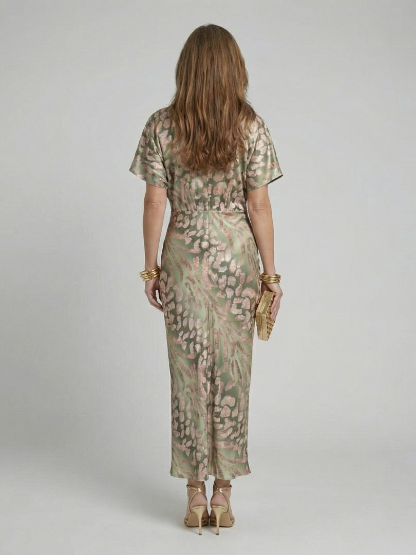 Animal Print Deep V-Neck Twist Waist Midi Dress