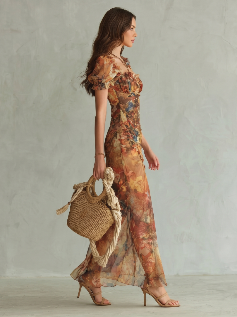 Floral Print Sweetheart Puff Sleeve Ruched Slit Maxi Dress