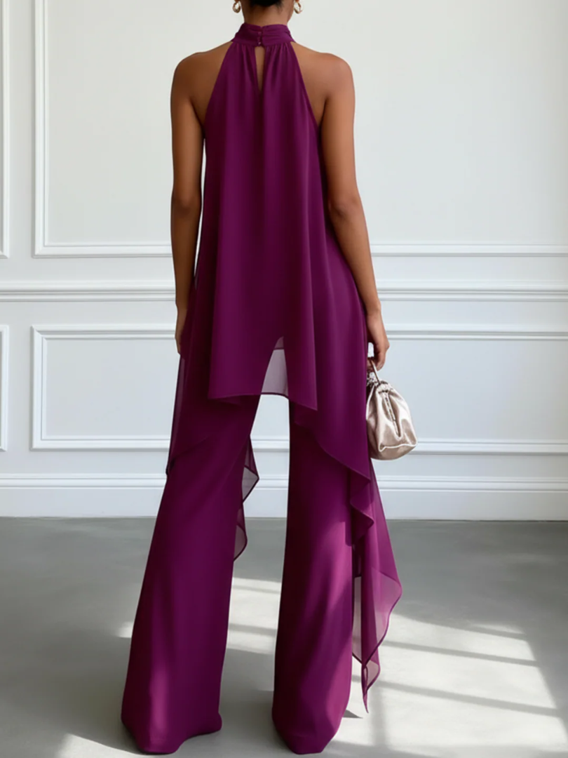 Halter Neck Chiffon Overlay Top and Wide Leg Pants Two Piece Set