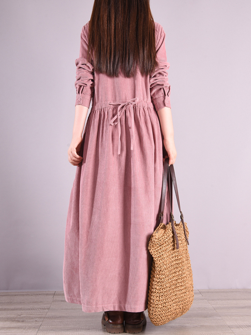 Corduroy Round Neck Button Front Long Sleeve Gathered Waist A-Line Maxi Dress