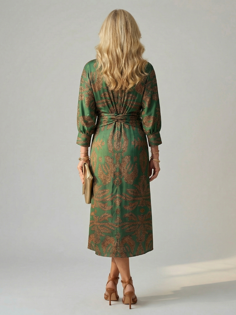 Paisley Print V-Neck Twist Front Long Sleeve Midi Dress