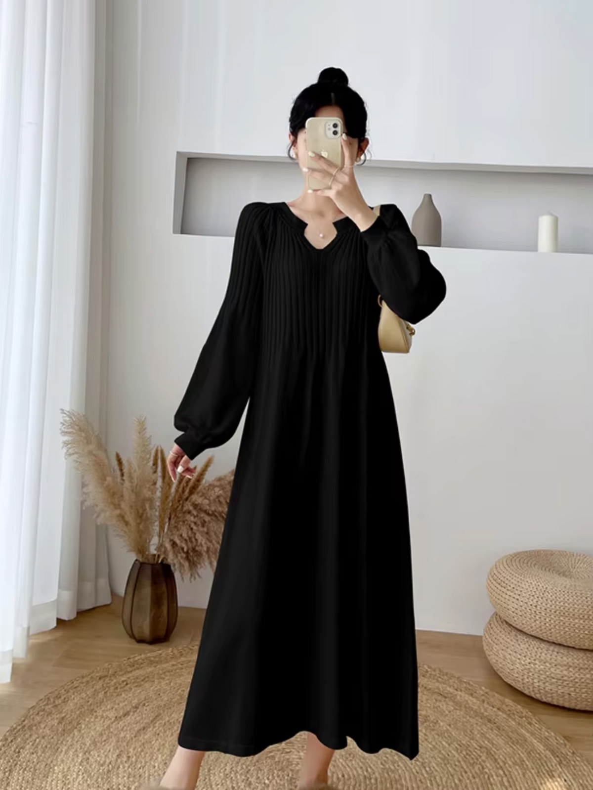 Notched V-Neck Lantern Sleeve Ribbed Knit A-Line Maxi Sweater Dress 4