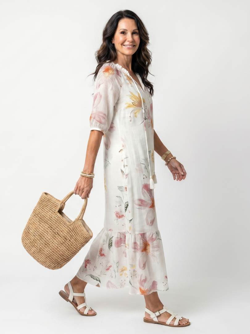 Floral Print V-Neck Short Sleeve Tiered Tassel Maxi Dress