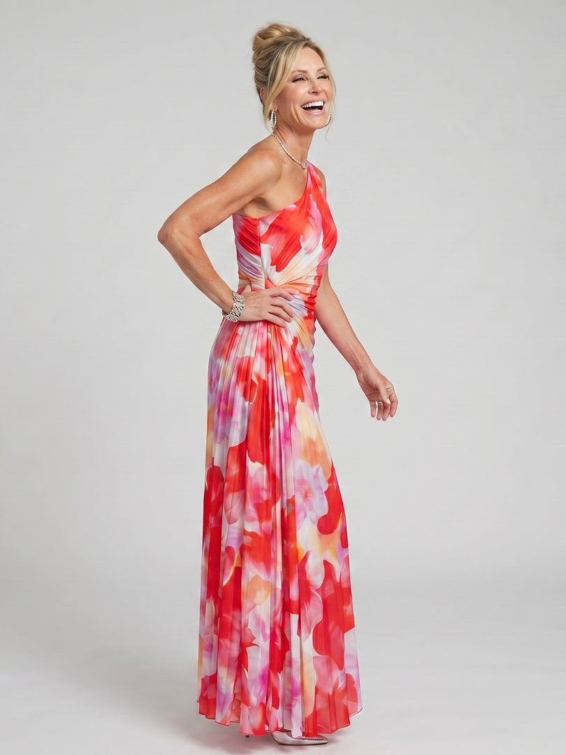 One Shoulder Floral Ruched Maxi Dress