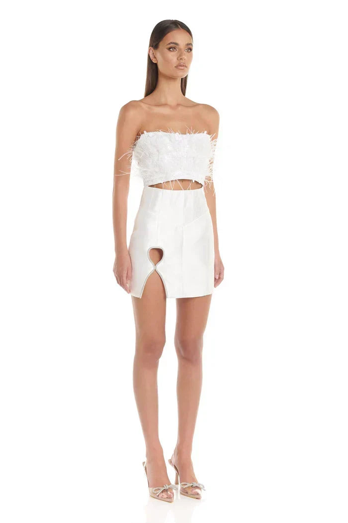 Strapless Sequin Feather Trim Cut Out Bodice Mini Dress 3