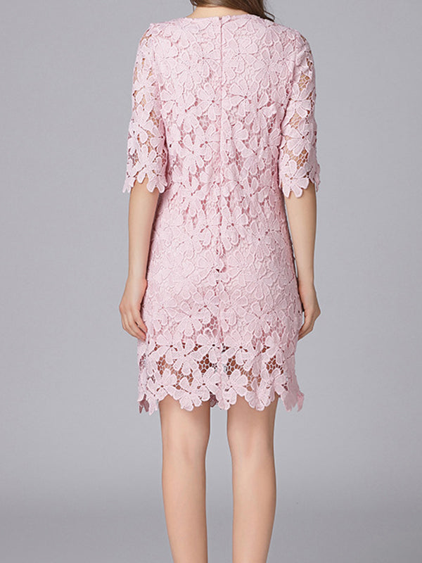 Floral Lace Round Neck Elbow Sleeve Scalloped Hem Shift Mini Dress