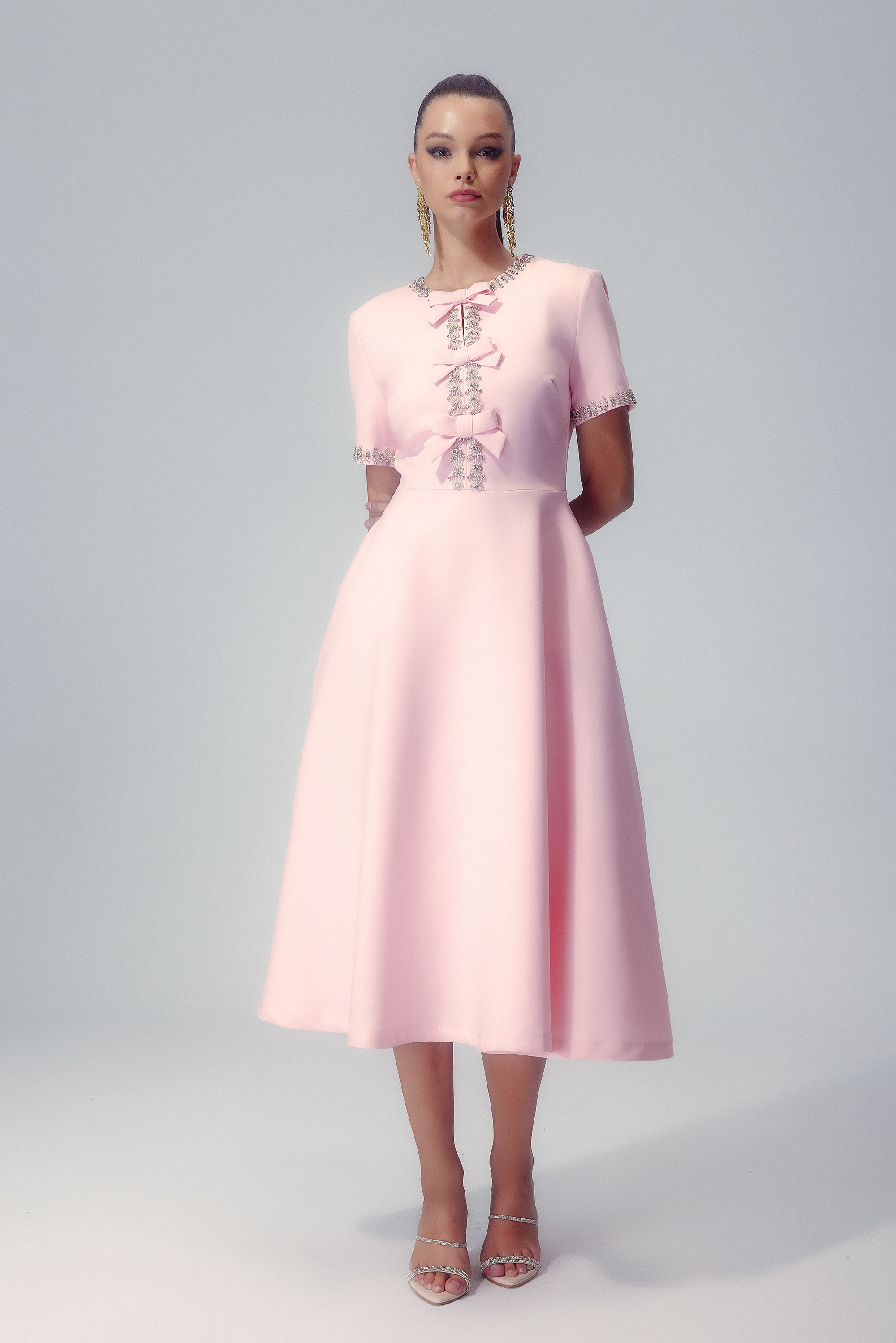 Rhinestone Trim Triple Bow Short Sleeve Round Neck A-Line Midi Dress