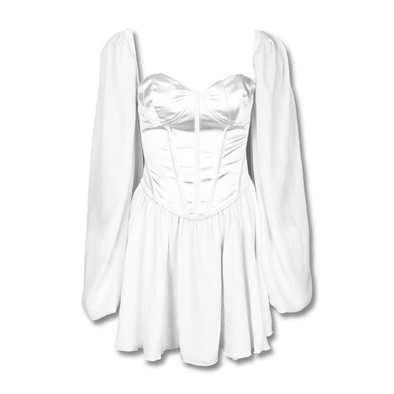 Satin Square Neck Puff Sleeve Corset Mini Dress