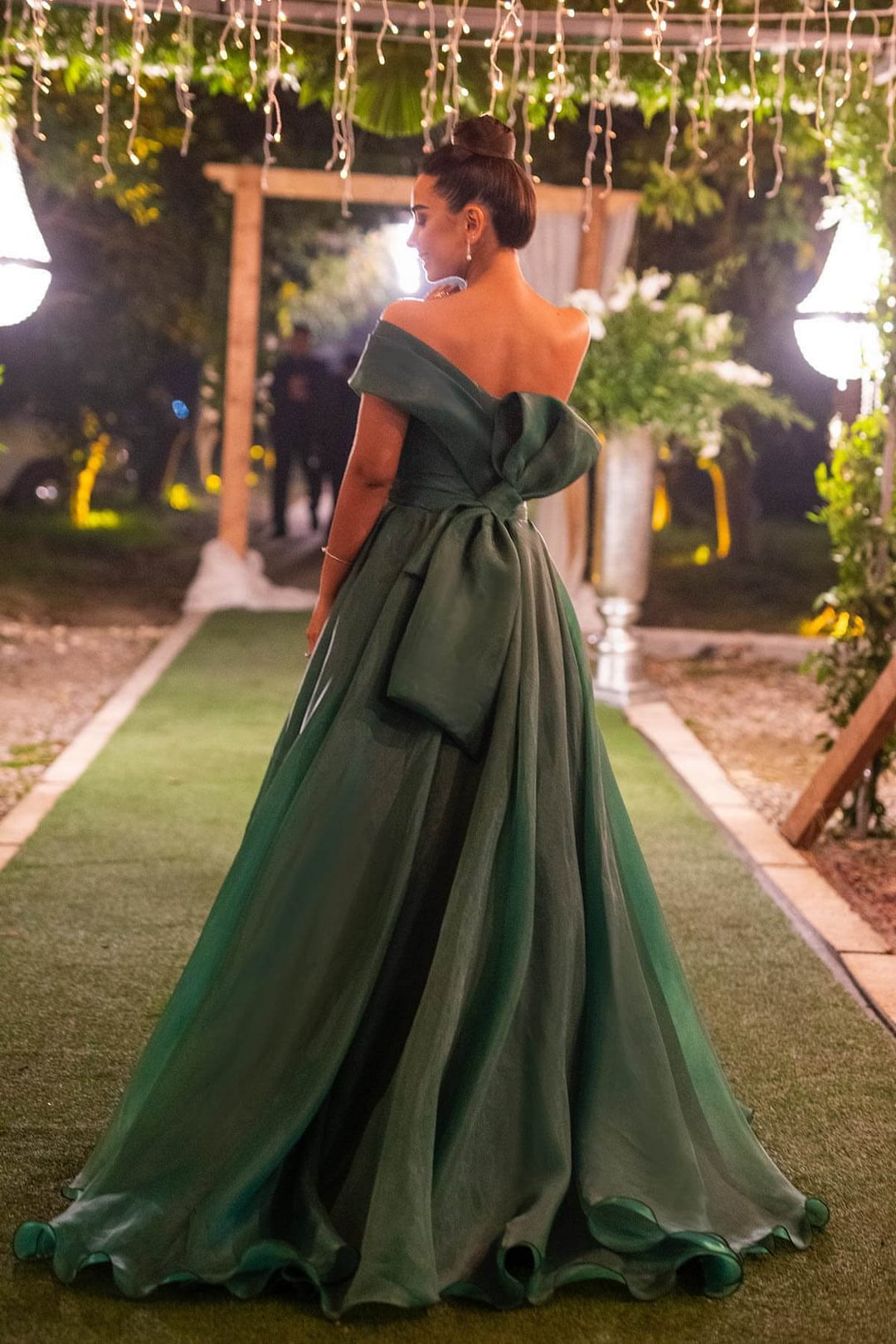 Dark Green Strapless One Shoulder Front Split Evening Dress With Bowknot cc900