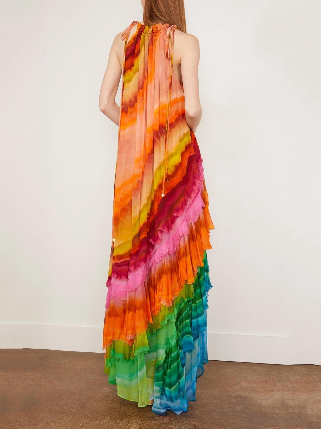 Tie Dye Print Halter Neck Drawstring Tiered Ruffle Chiffon Maxi Gown