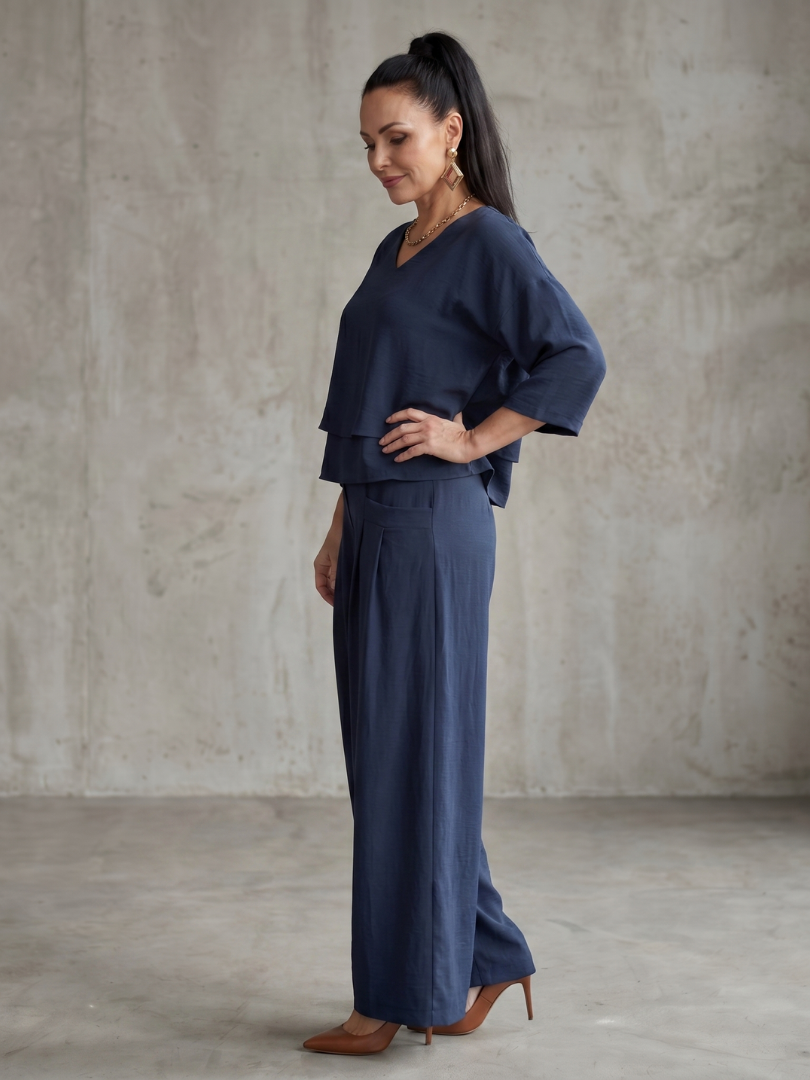 V-Neck Layered Top and Wide Leg Pants Two Piece Set
