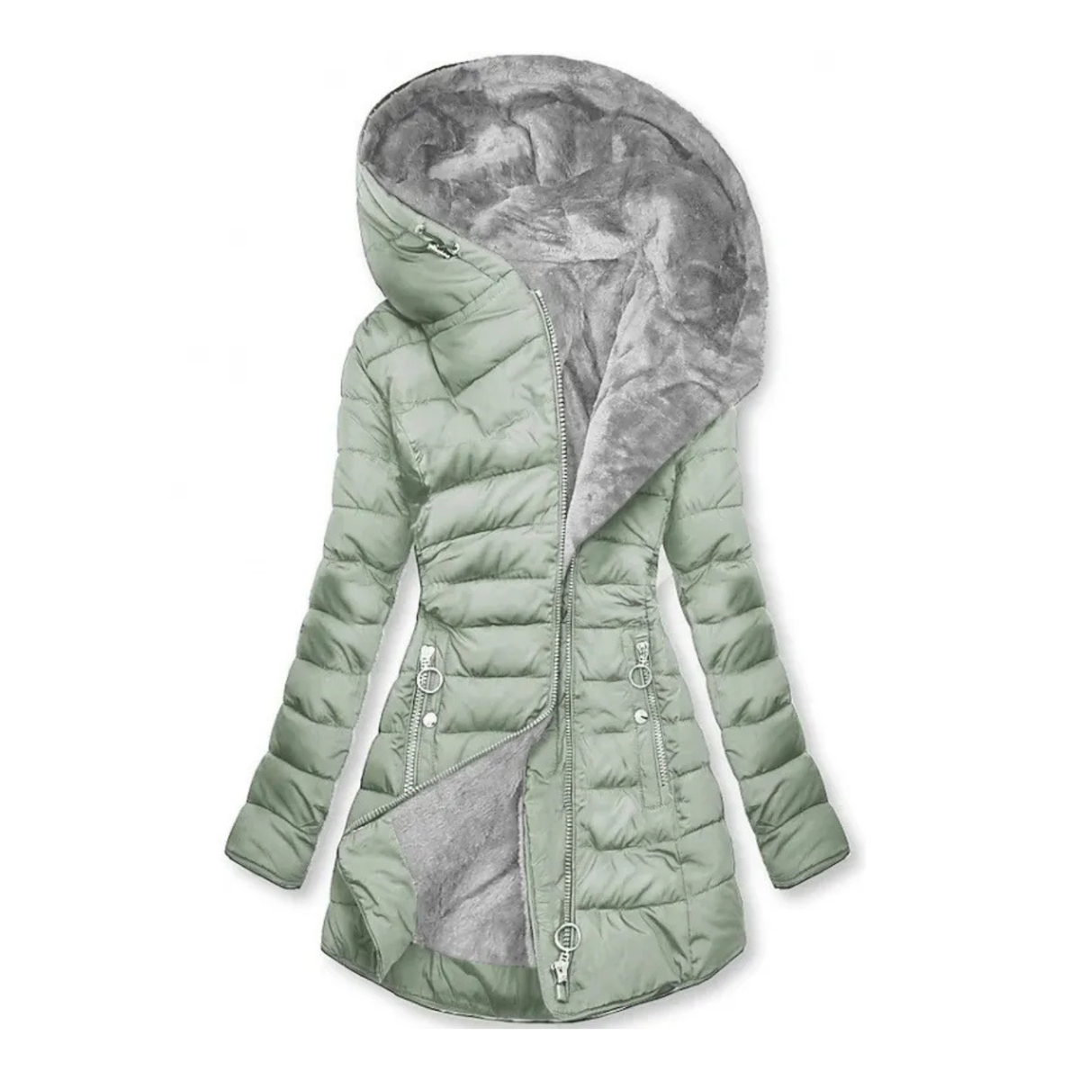 Hooded Fleece Lined Zip Front Quilted Puffer Coat 11