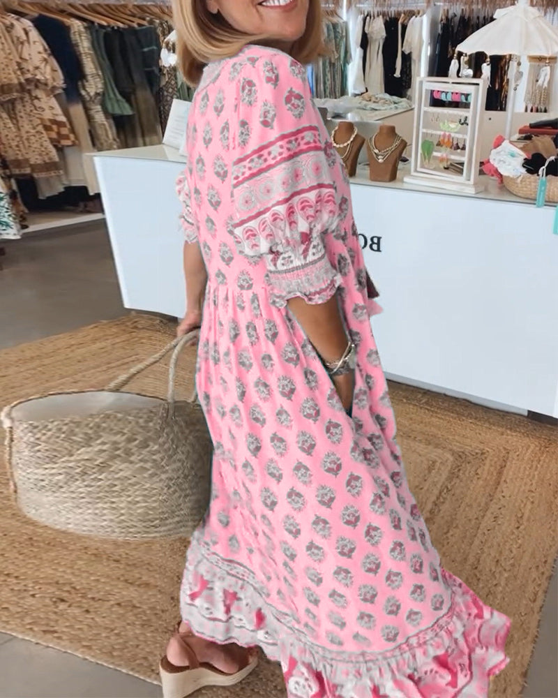 Printed V-Neck Ruffle Short Sleeve Tiered Maxi Dress