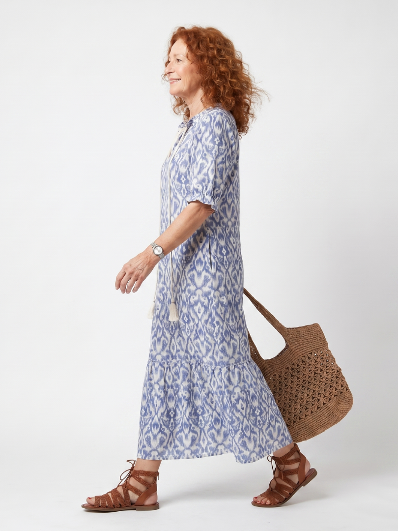 Ikat Print Tassel Tie Neck Tiered Maxi Dress