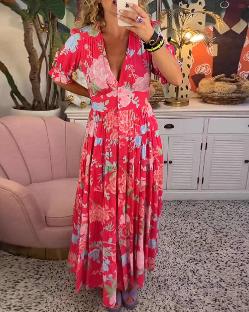 Floral Print Deep V-Neck Puff Sleeve Empire Waist Tiered Pocket Maxi Dress