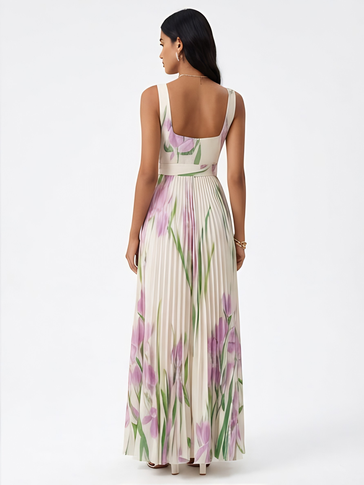 Floral Print Square Neck Belted Pleated Maxi Dress