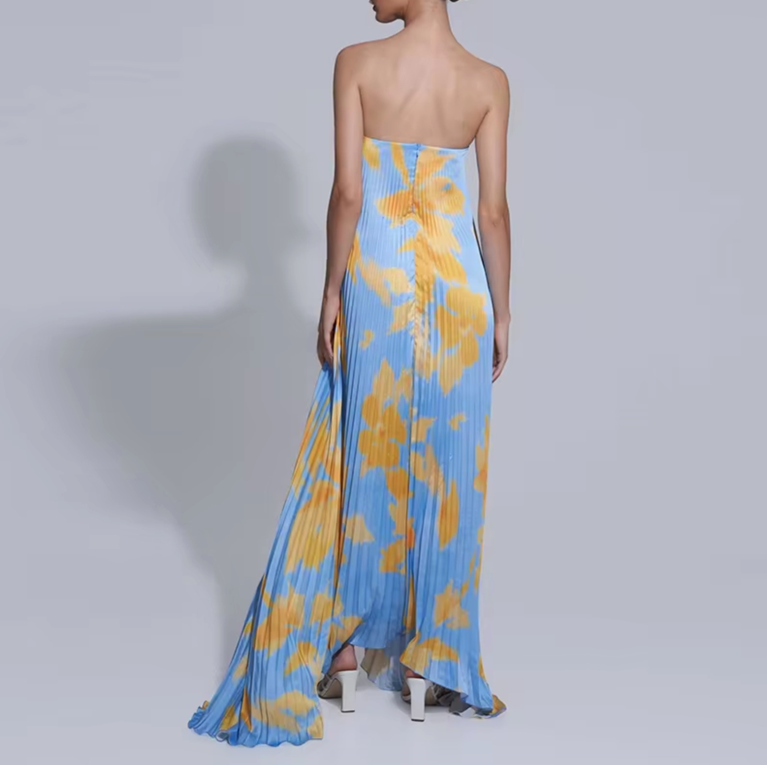 Strapless Floral Pleated A-Line Maxi Dress