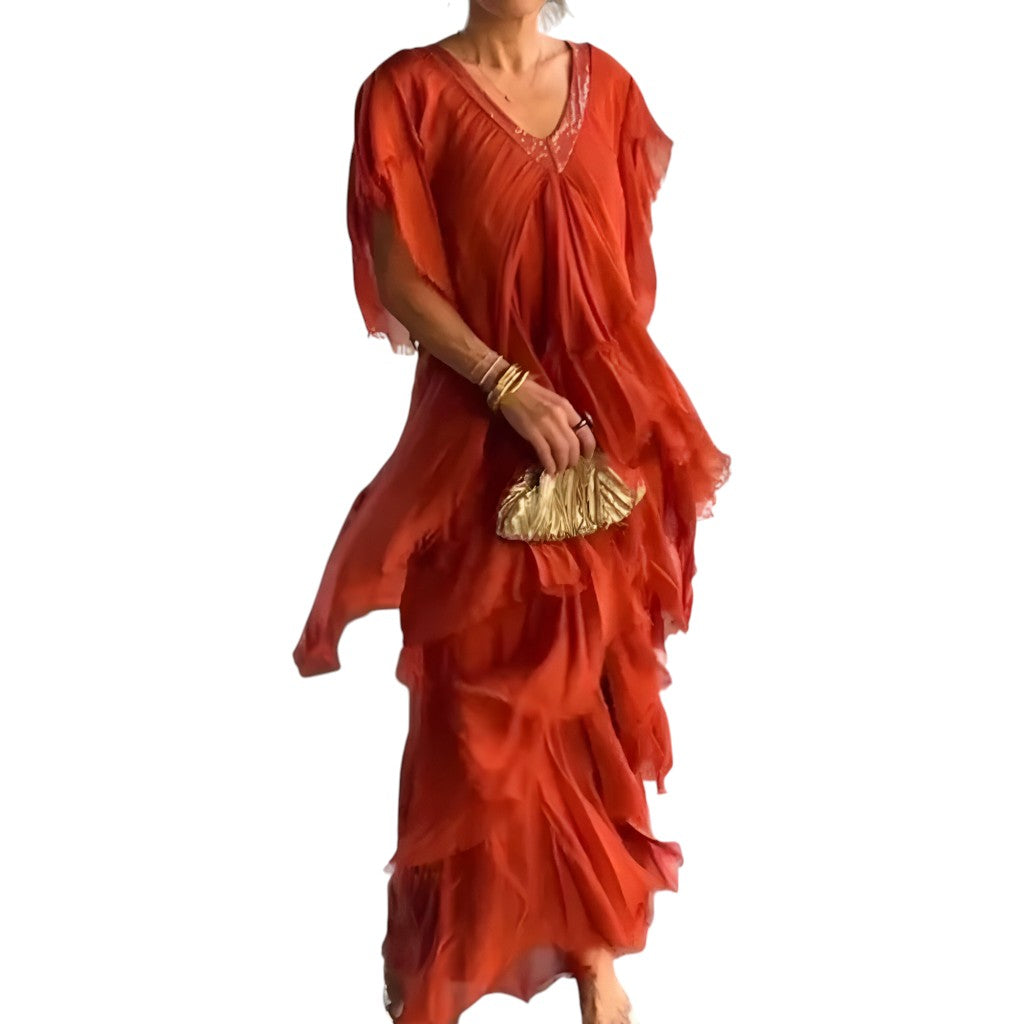 Sheila- Elegant pleated dress with V-neck Orange