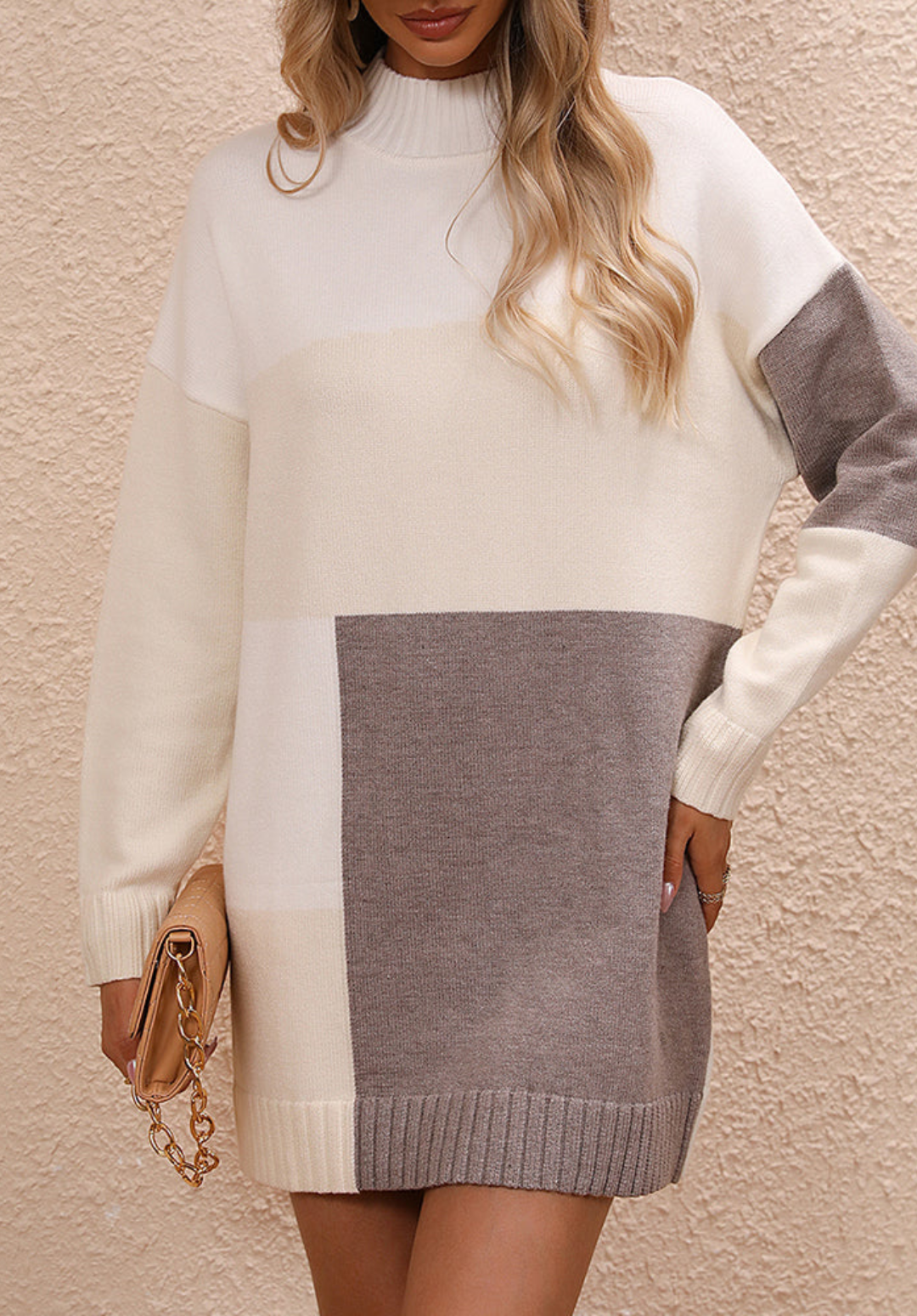 Knit Color Block Mock Neck Long Sleeve Oversized Mini Sweater Dress