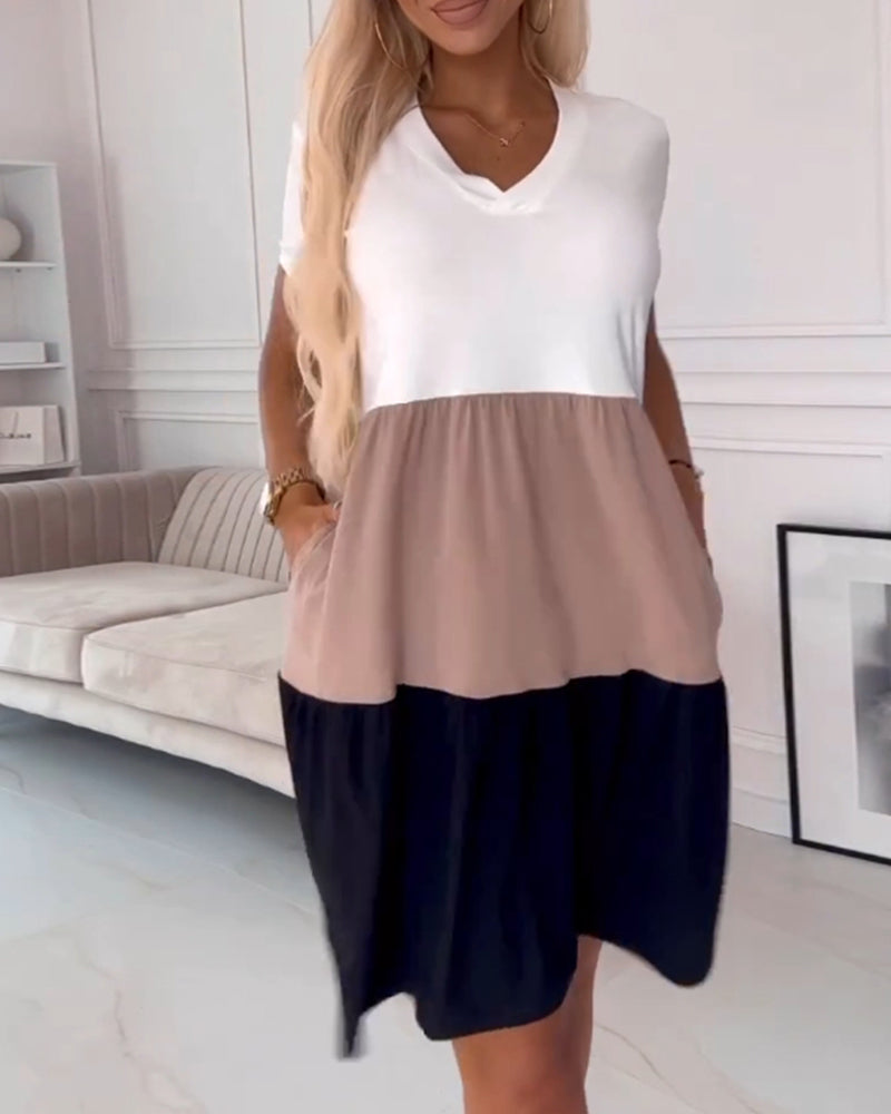 Color Block V-Neck Short Sleeve Tiered Mini Dress