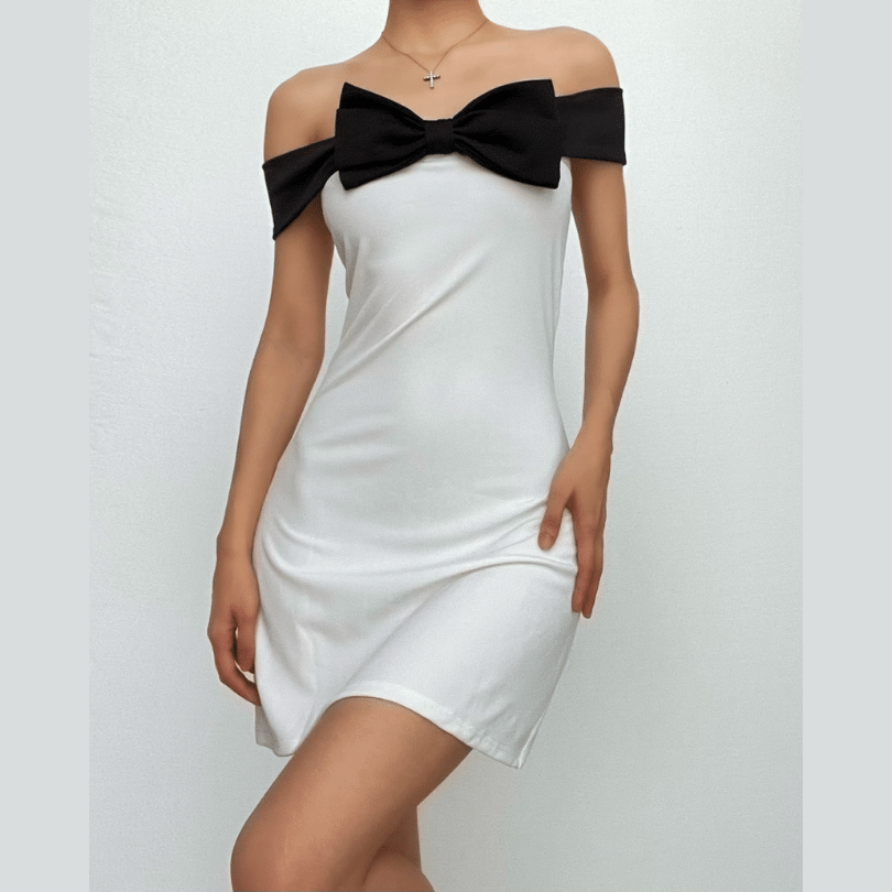 Off Shoulder Contrast Bow Front Bodycon Mini Dress