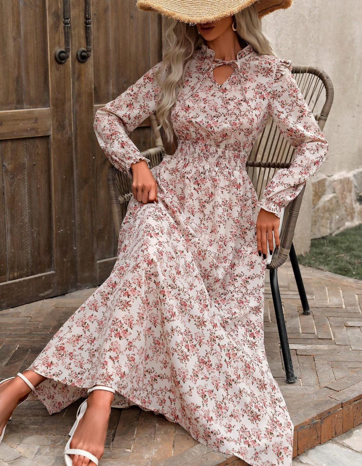 Floral Print Long Sleeve Keyhole Smocked Waist Maxi Dress