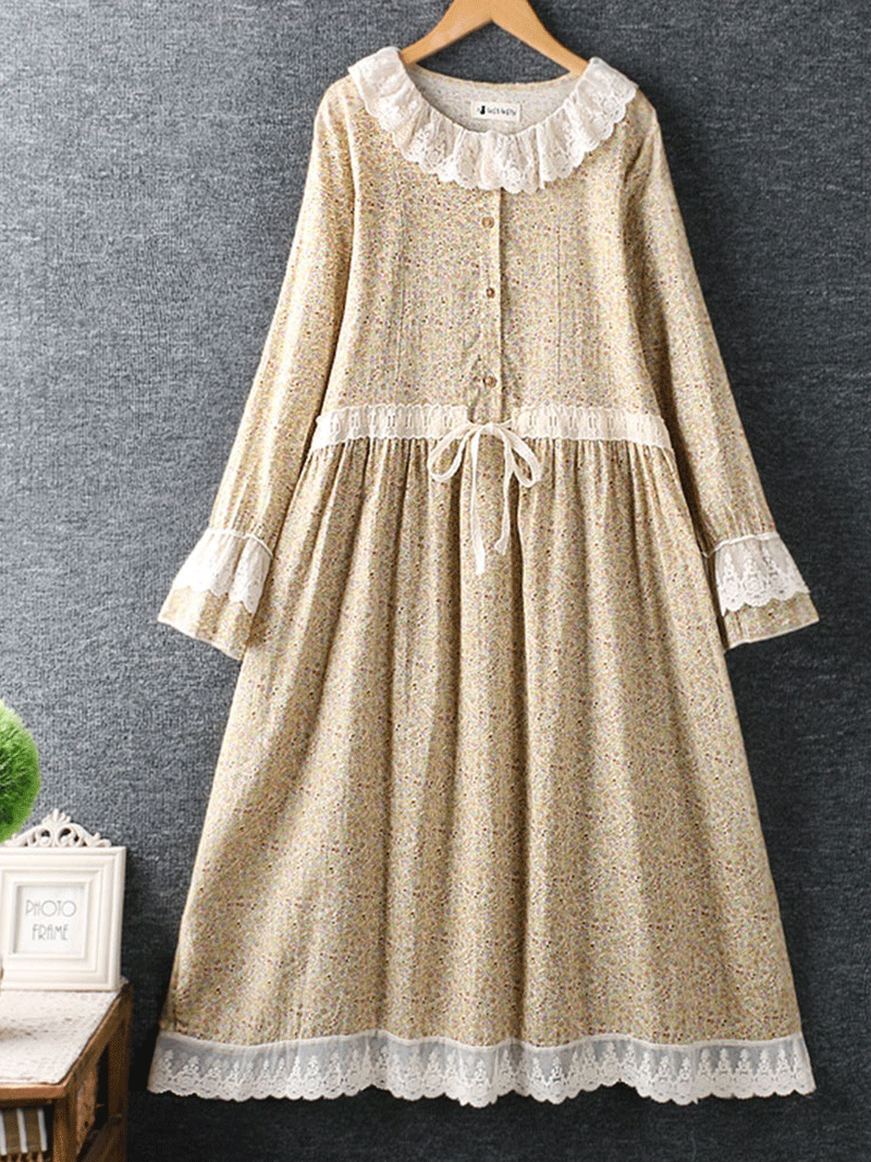 Ditsy Floral Print Lace Collar Long Sleeve Empire Waist Smock Midi Dress