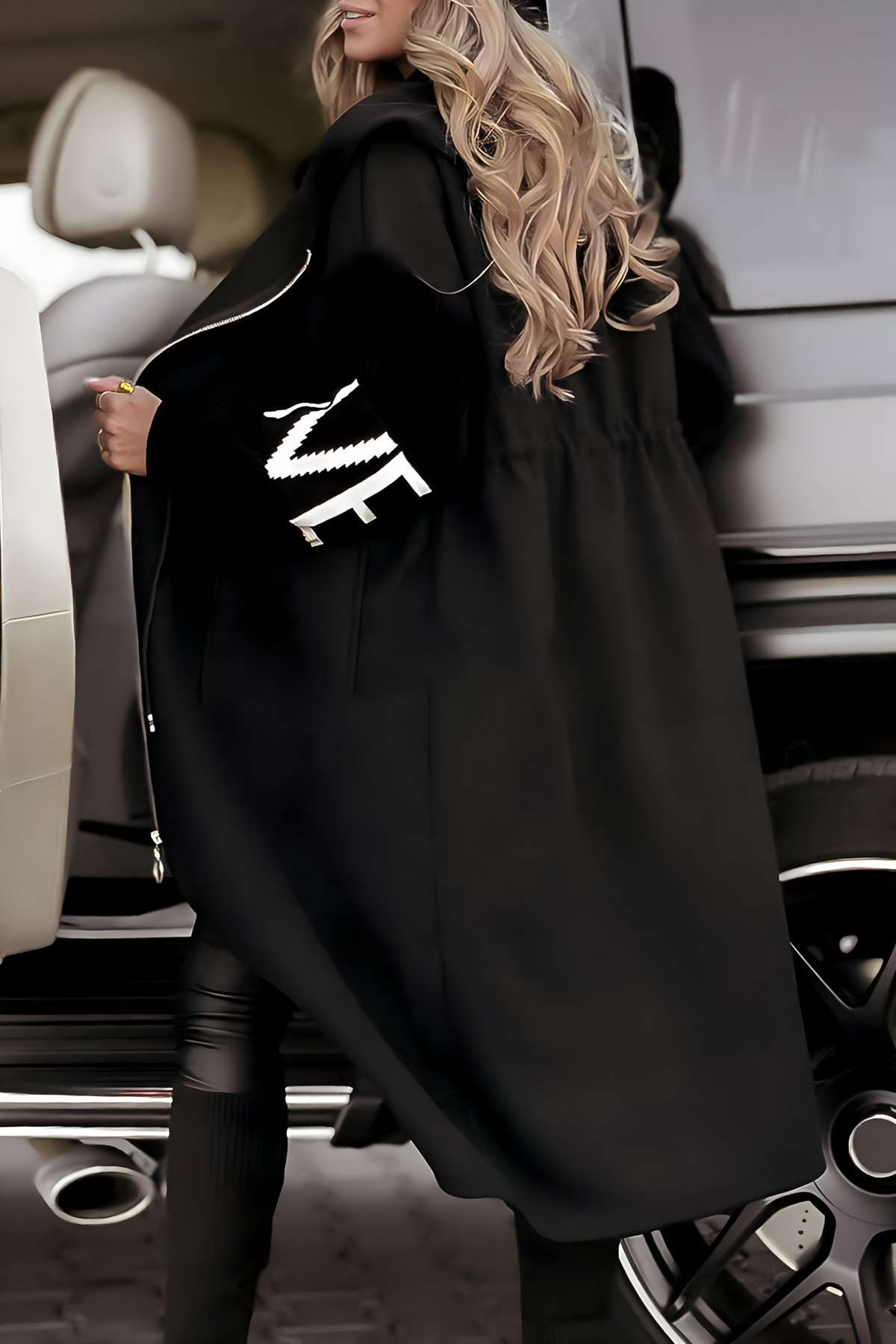 Hooded Zip Front Contrast Knit Sleeve Longline Coat