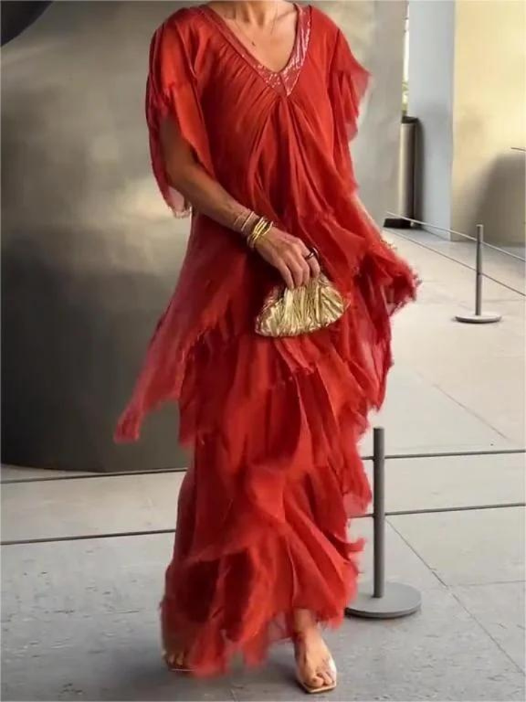 V-Neck Flutter Sleeve Tiered Ruffle Maxi Dress