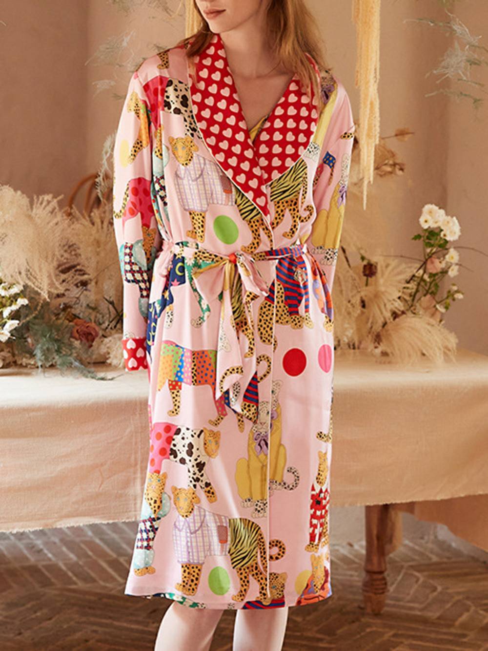 Leopard Animal Print Polka Dot Heart Collar Wrap Robe Set