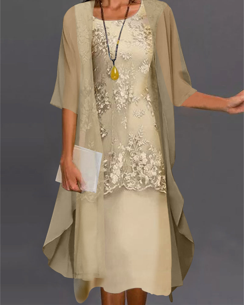 Floral Lace Sleeveless Round Neck Midi Dress and Sheer Chiffon Cardigan Two-Piece Set