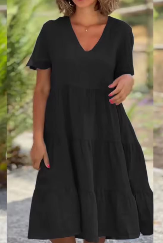 V-Neck Short Sleeve Tiered Midi Dress