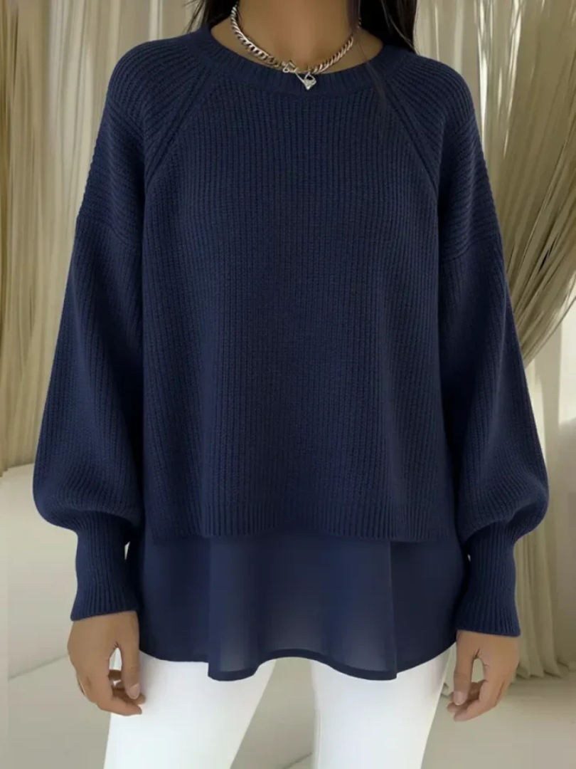 Crew Neck Layered Chiffon Hem Ribbed Knit Sweater