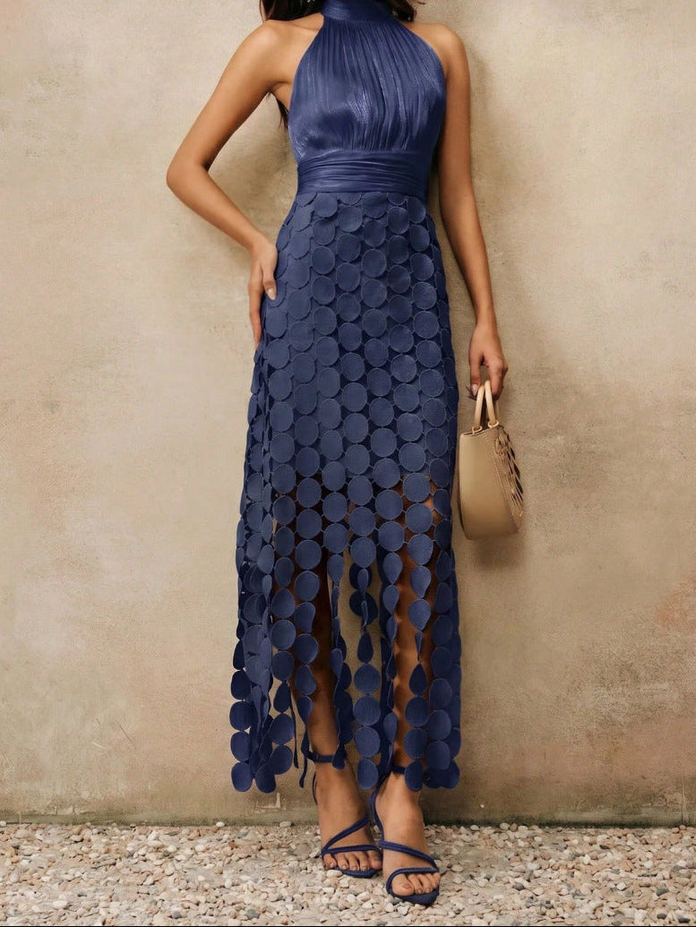 Halter Neck Ruched Disc Cut Out Fringe Hem Maxi Dress