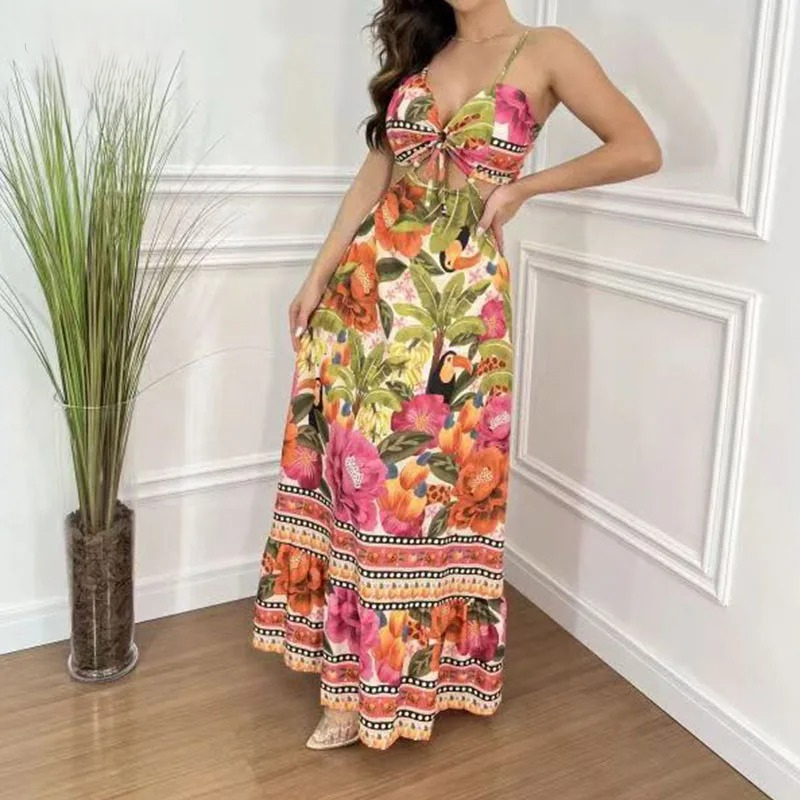Tropical Print Spaghetti Strap Sweetheart Cut Out Tiered Ruffle Maxi Summer Dress
