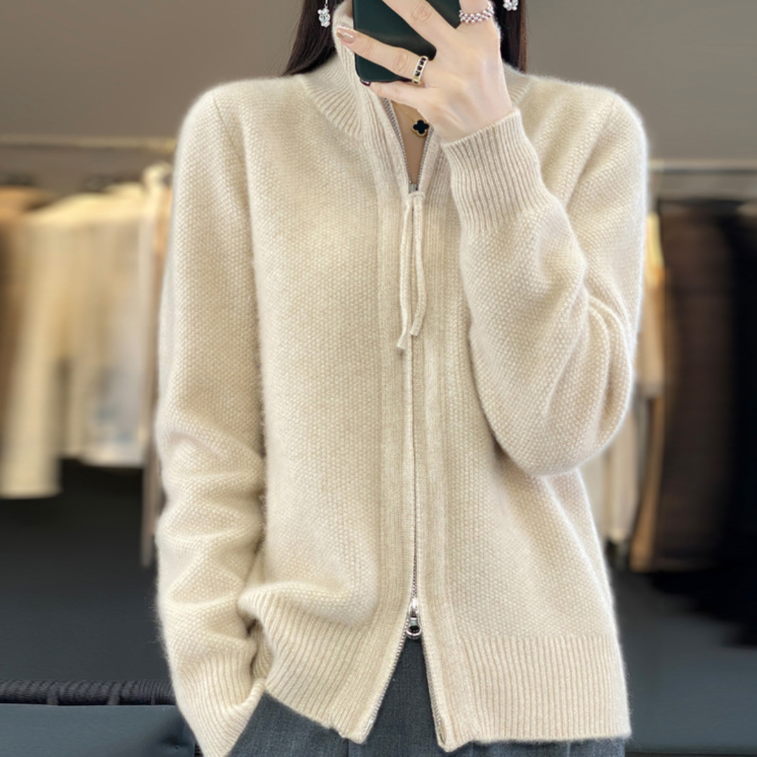 Mock Neck Double Zip Front Ribbed Knit Cardigan