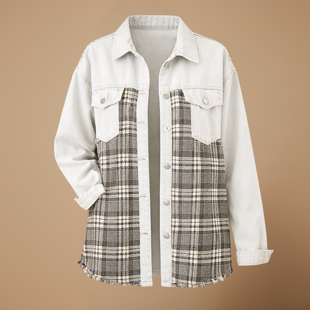 Denim Jacket with Plaid Patchwork and Button Closure