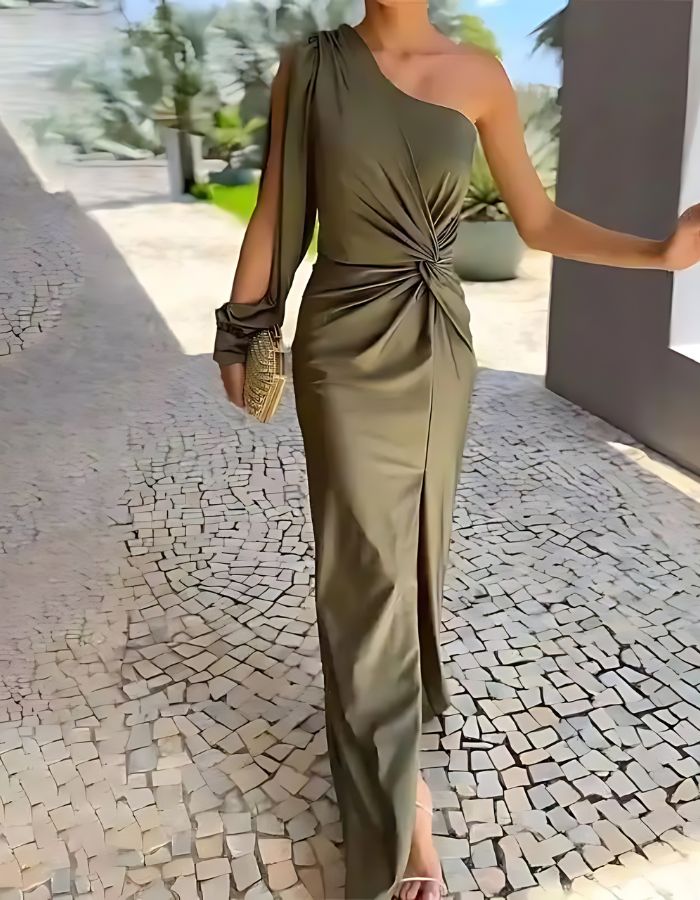 One Shoulder Balloon Sleeve Twist Waist Ruched Front Slit Bodycon Midi Dress