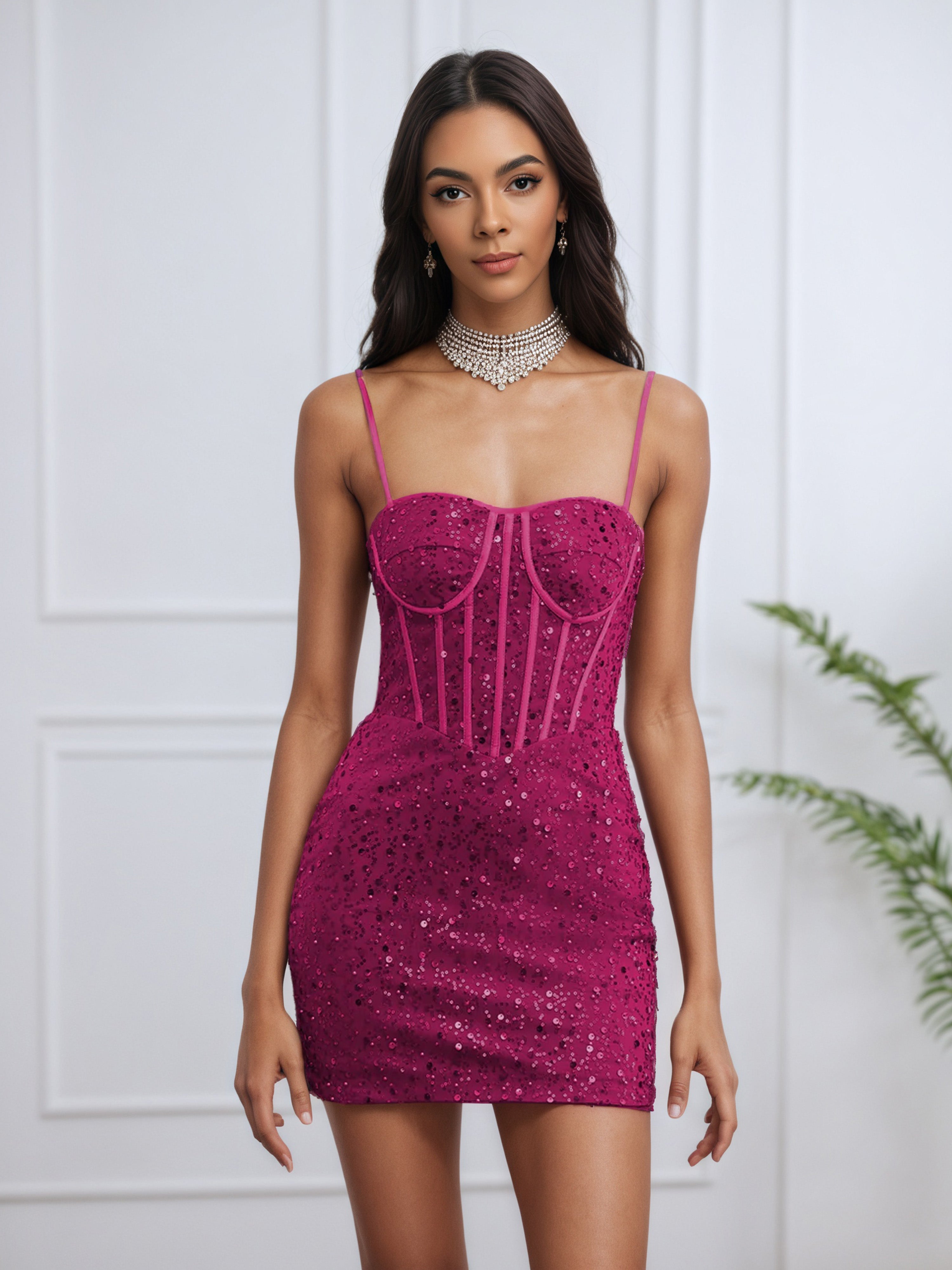Fuchsia Sequin Sparkly Spaghetti Straps Mini Homecoming Dress