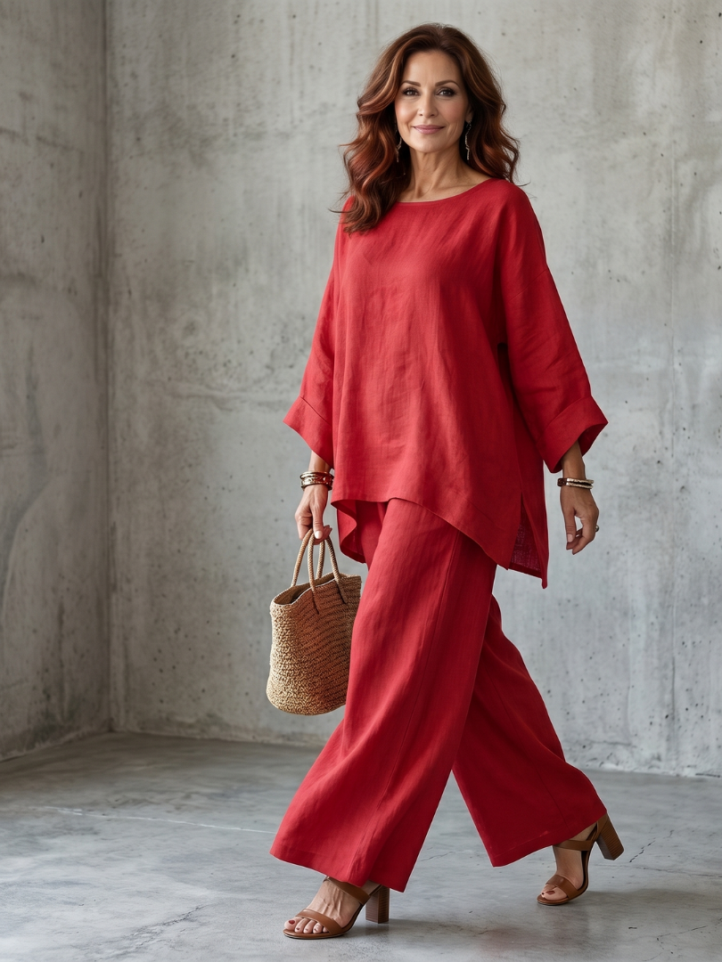 Round Neck Oversized Tunic and Wide Leg Pants Two Piece Set