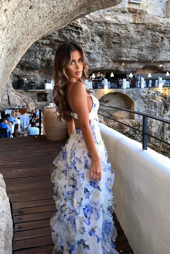 Floral Chiffon V-Neck Corset Bodice Ruffle Tiered Maxi Dress 2