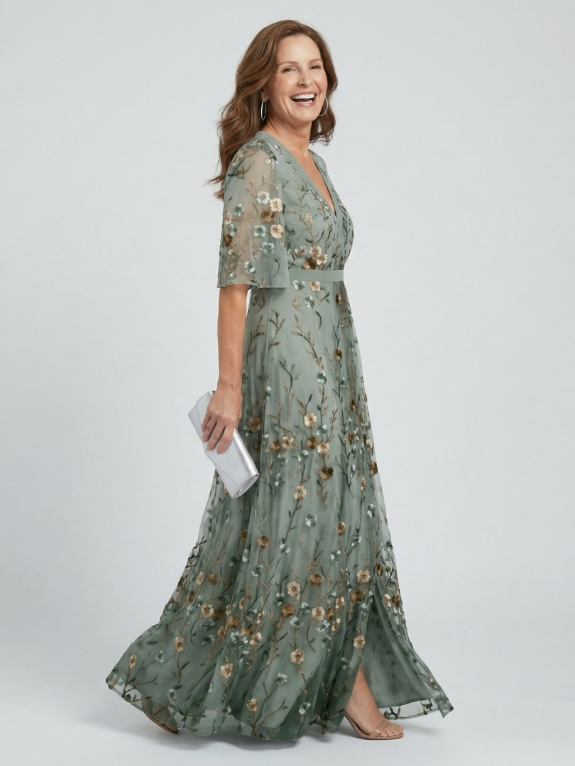 Floral V-Neck Half Sleeve Wrap Maxi Dress