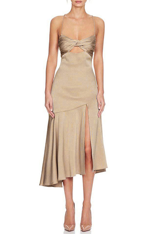 Satin Twist Front Sweetheart Cut Out High Split Ruffle Hem Midi Dress